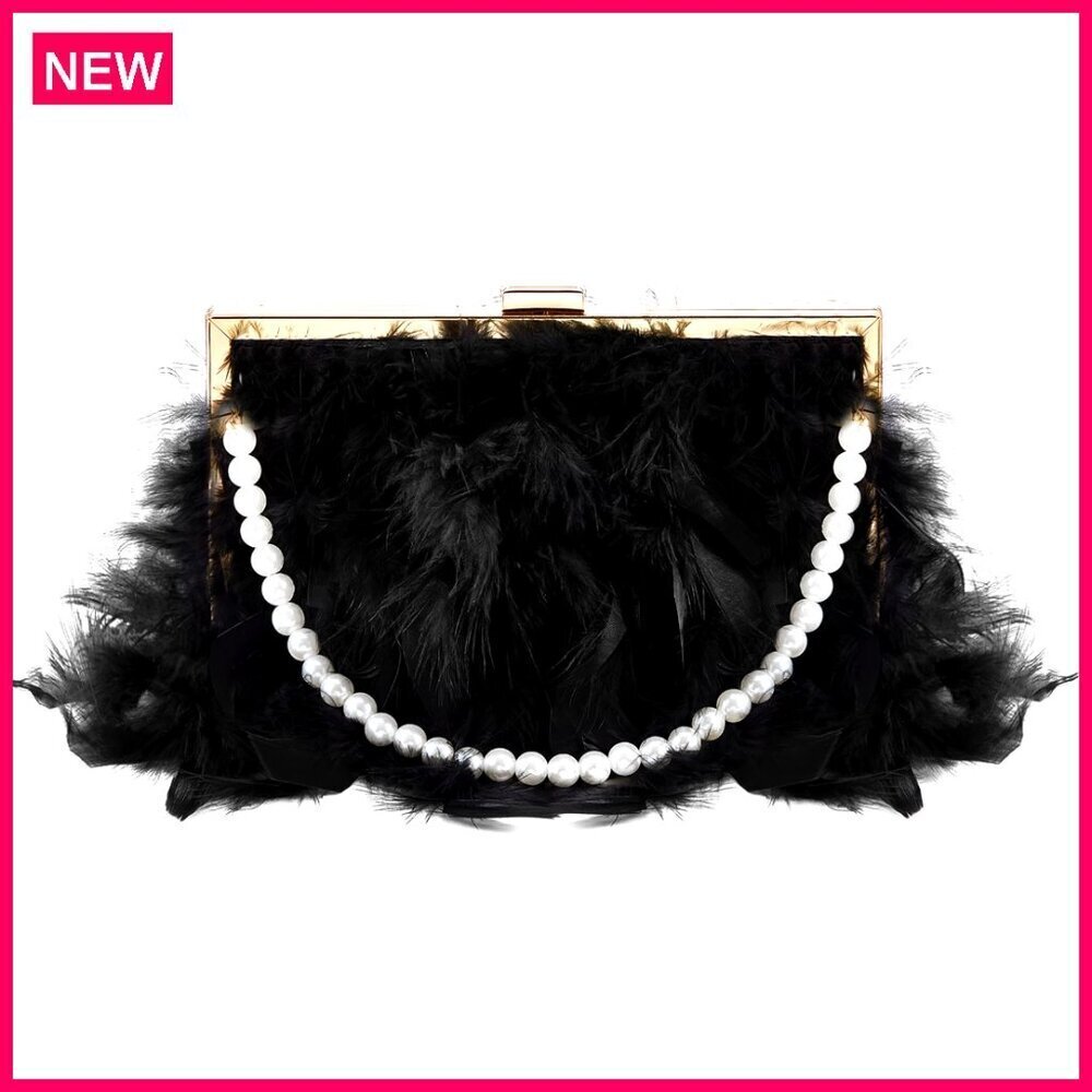 Faux Feather Clutch Purse with 2 Chains, Evening Bag for Weddings Parties